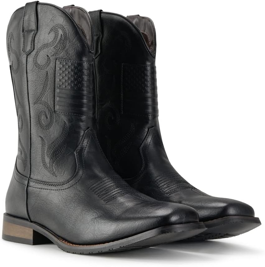image:imageIUV Cowboy Boots For Men Western Boot Classic American Flag Embroidered Square Toe MidCalf BootsBlack