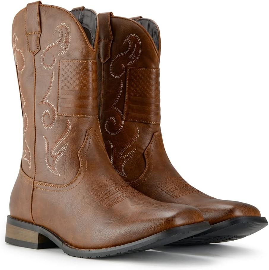 image:imageIUV Cowboy Boots For Men Western Boot Classic American Flag Embroidered Square Toe MidCalf BootsBrown