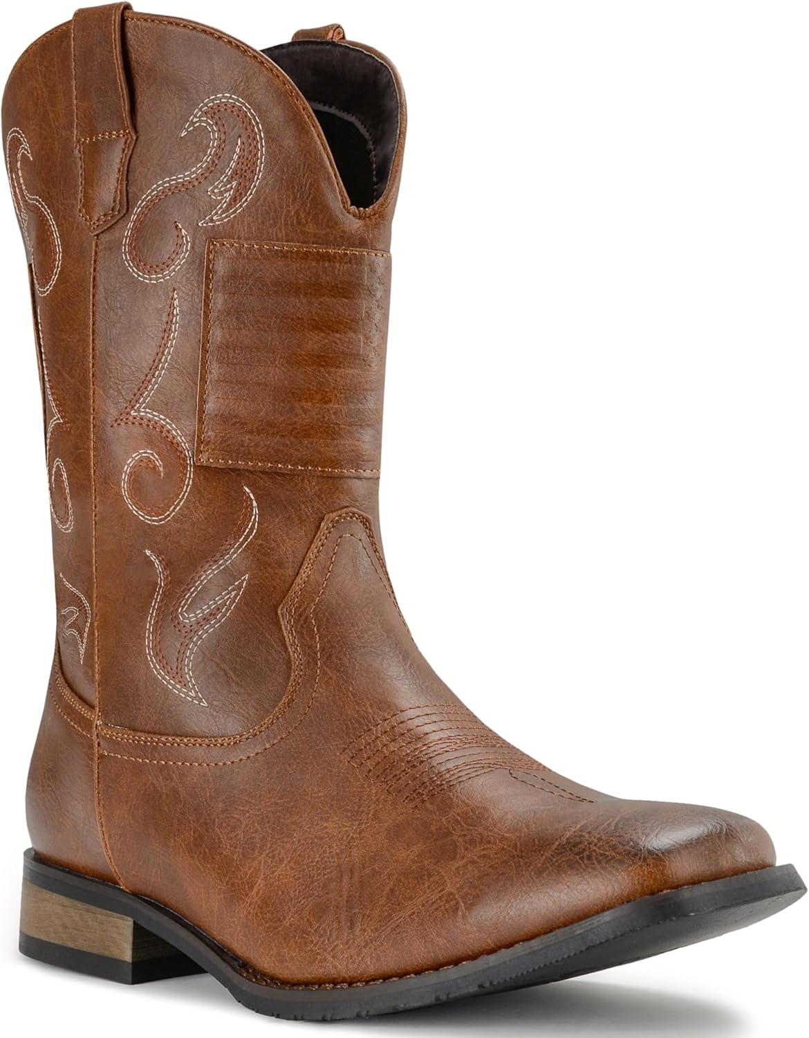 image:imageIUV Cowboy Boots For Men Western Boot Classic American Flag Embroidered Square Toe MidCalf BootsBrown