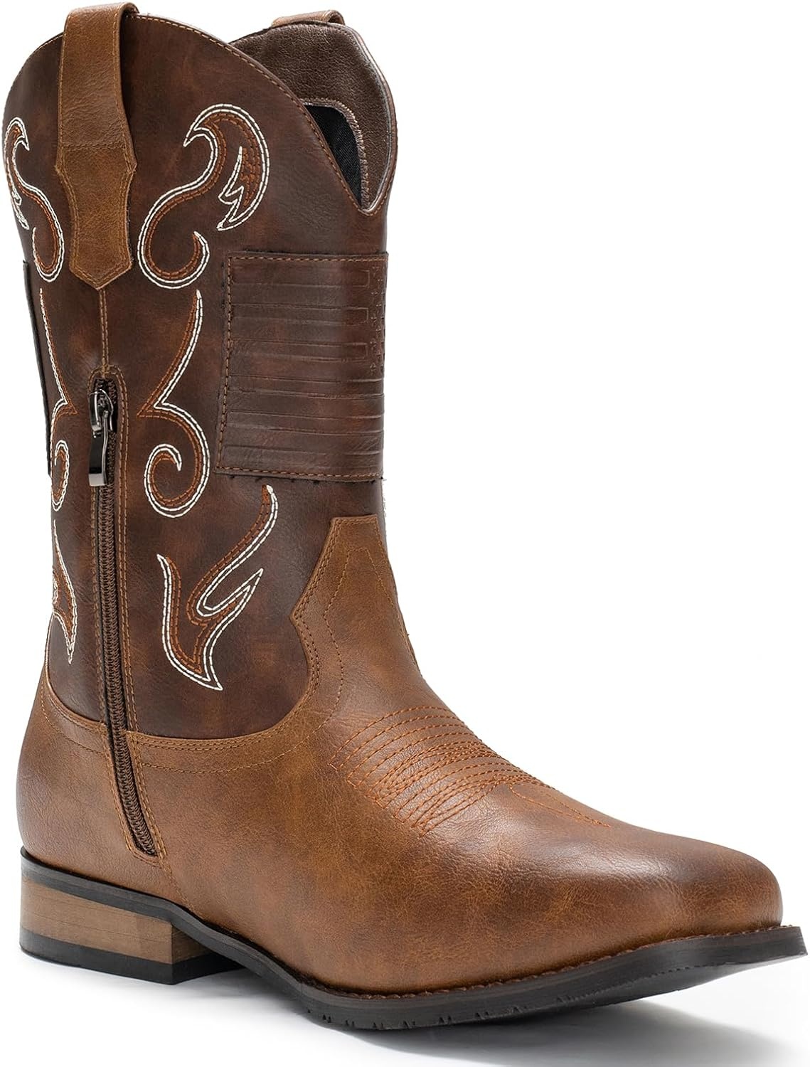 image:imageIUV Cowboy Boots For Men Western Boot Classic American Flag Embroidered Square Toe MidCalf BootsDark Brown