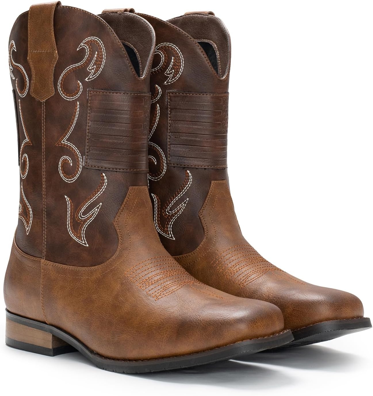 image:imageIUV Cowboy Boots For Men Western Boot Classic American Flag Embroidered Square Toe MidCalf BootsDark Brown