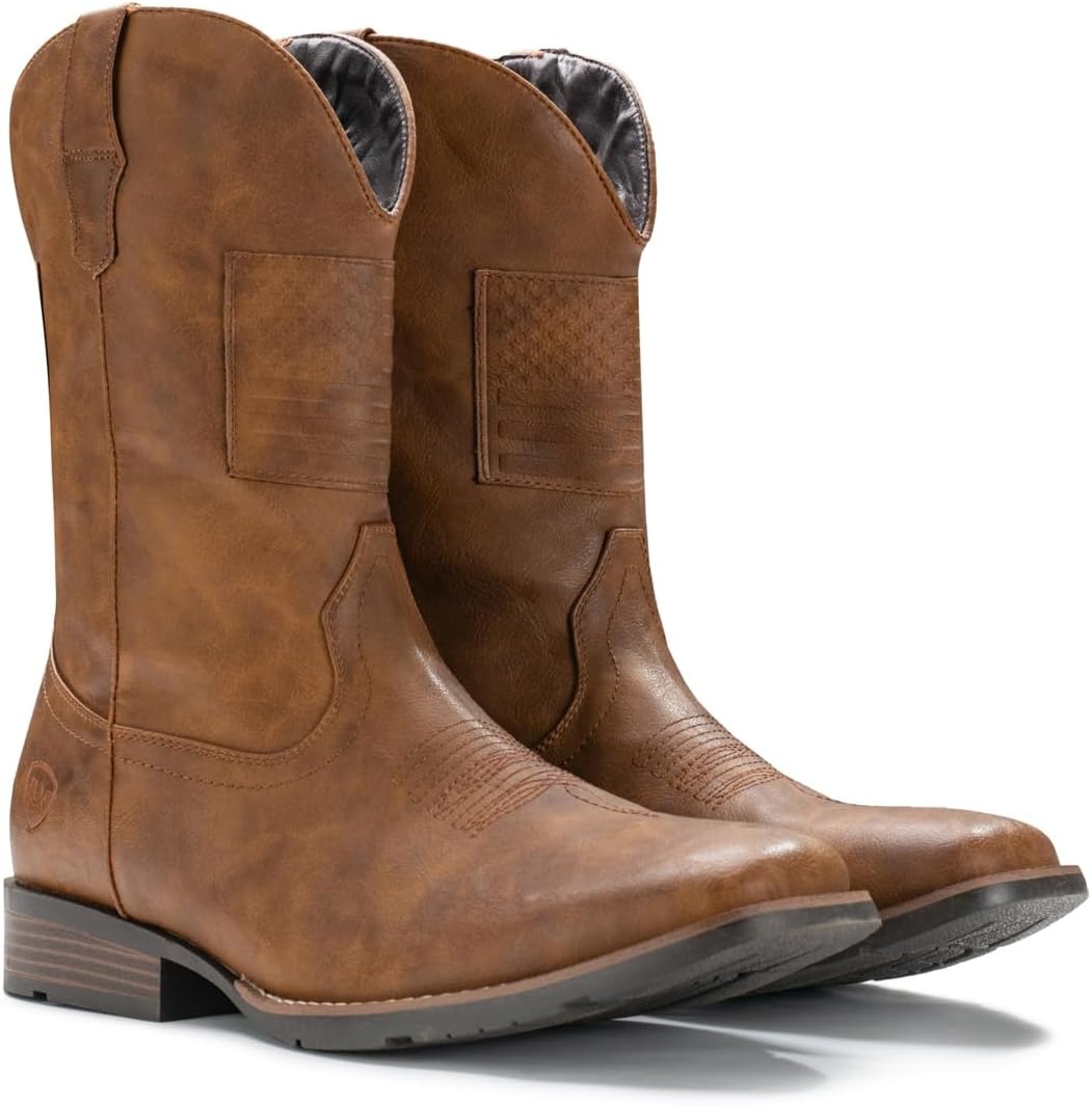 image:imageIUV Cowboy Boots For Men Wide Western Boot Traditional American Flag Retro Square Toe Country Work BootsBrown