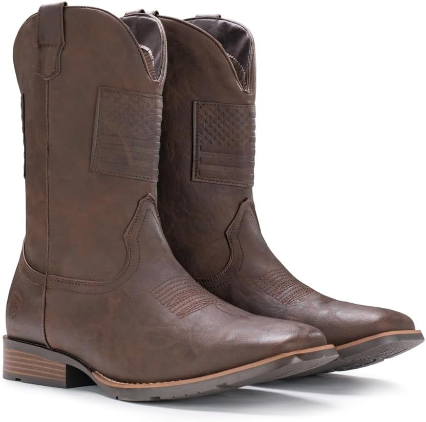 image:imageIUV Cowboy Boots For Men Wide Western Boot Traditional American Flag Retro Square Toe Country Work BootsDark Brown