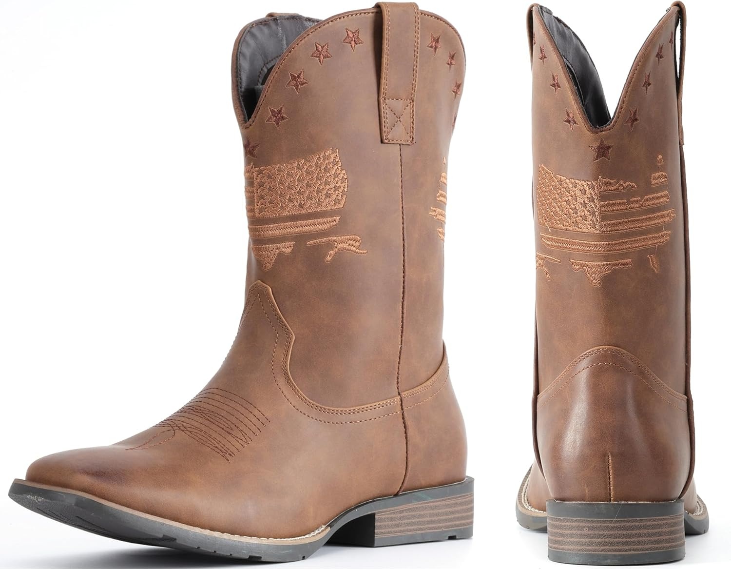 image:imageIUV Cowboy Boots For Men Wide Western Boot Traditional American Flag Retro Square Toe Country Work BootsLight Brown