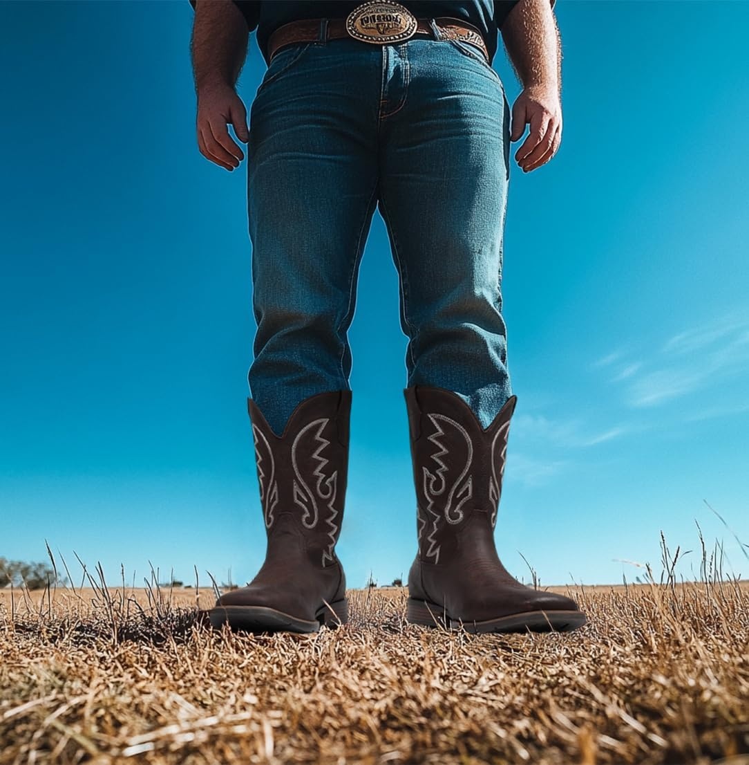 image:imageIUV Cowboy Boots For Men with Wide Square Toe Western Retro Boot Durable Classic Fashionable Embroidered Pull On Slip Resistant BootsDark Brown