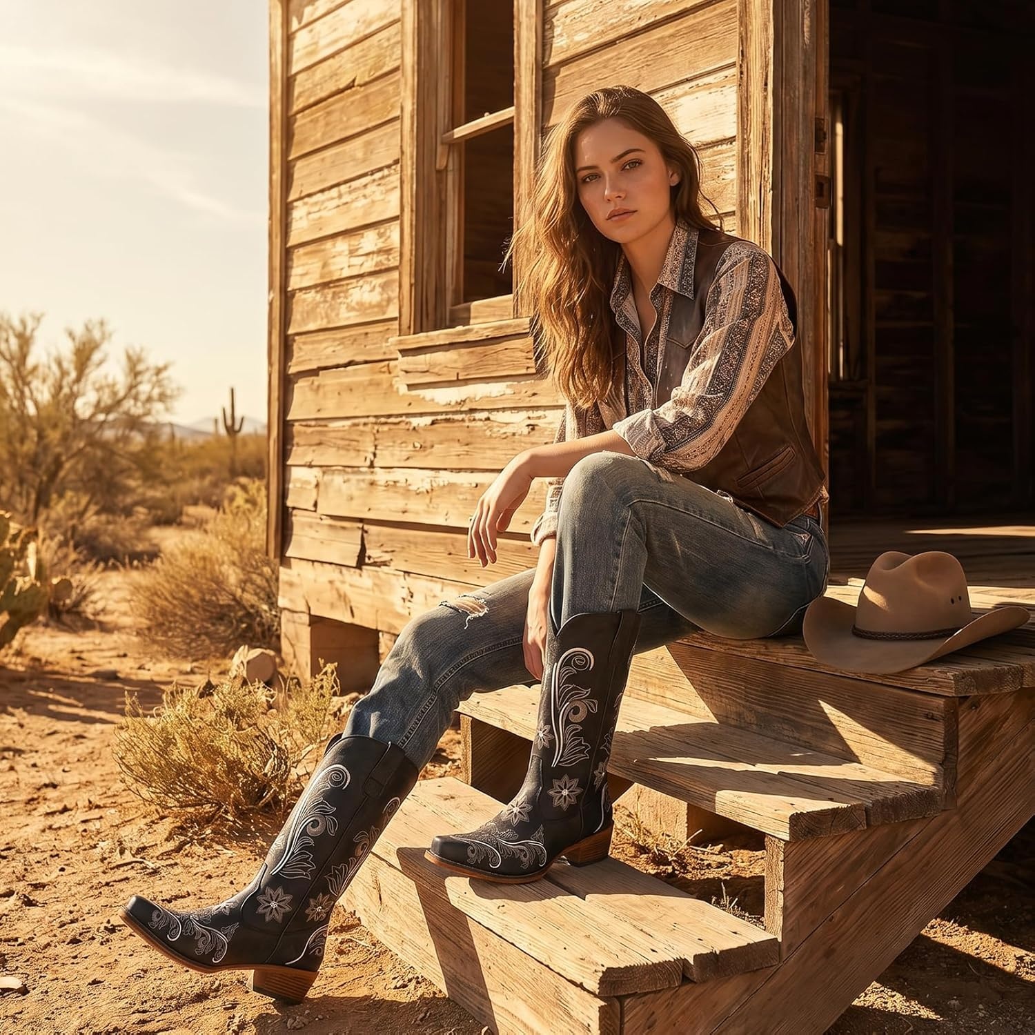 image:imageIUV Cowboy Boots For Women Mid Calf Cowgirl Boots Embroidered PullOn Tabs Snip Toe BootBlack