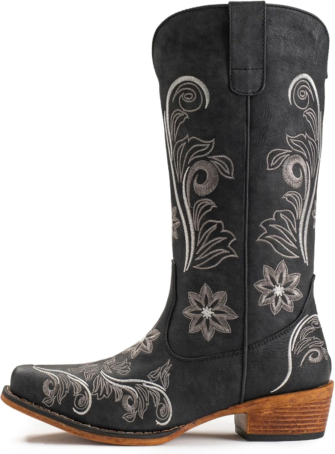 image:imageIUV Cowboy Boots For Women Mid Calf Cowgirl Boots Embroidered PullOn Tabs Snip Toe BootBlack