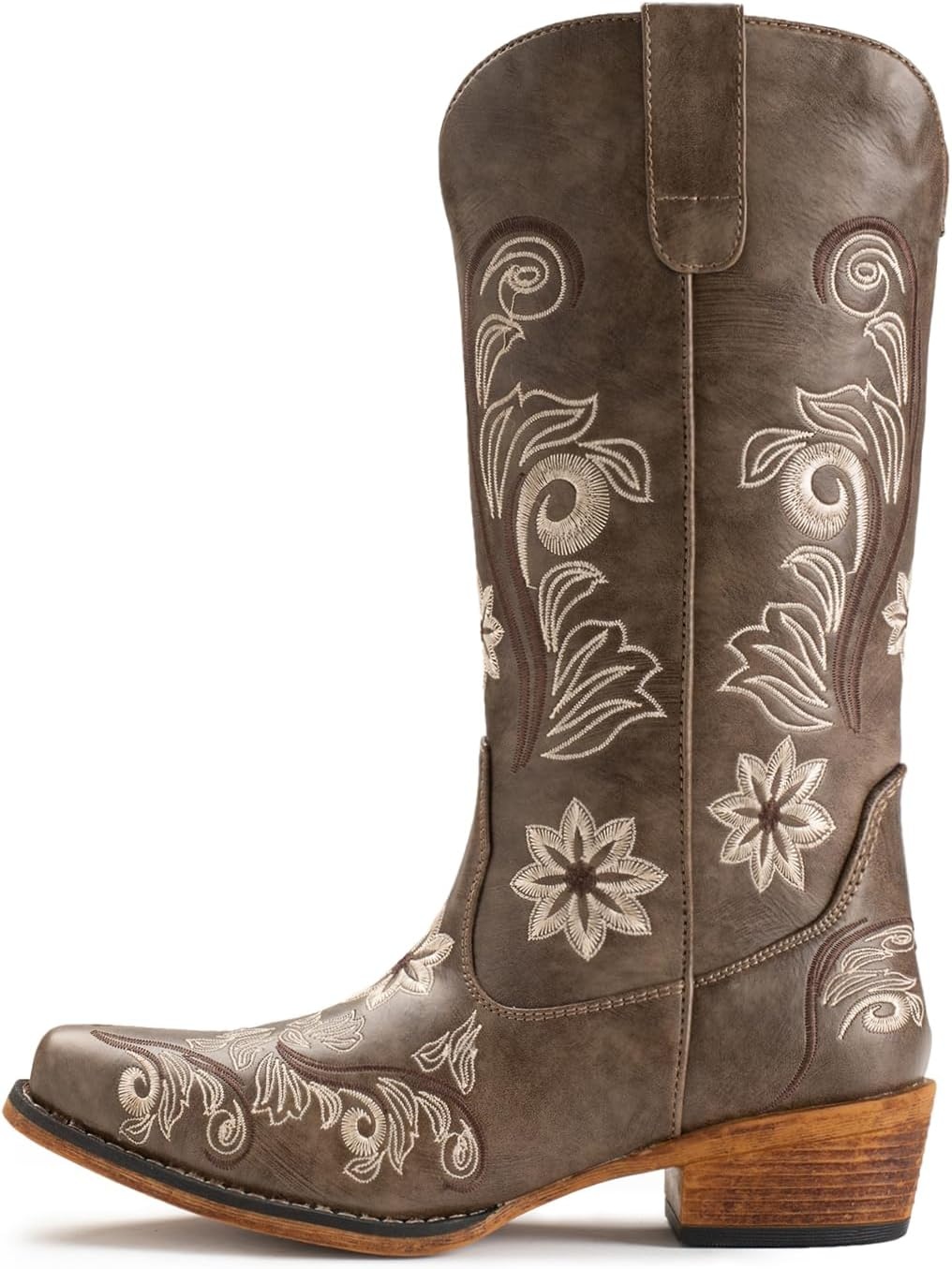 image:imageIUV Cowboy Boots For Women Mid Calf Cowgirl Boots Embroidered PullOn Tabs Snip Toe BootBrown