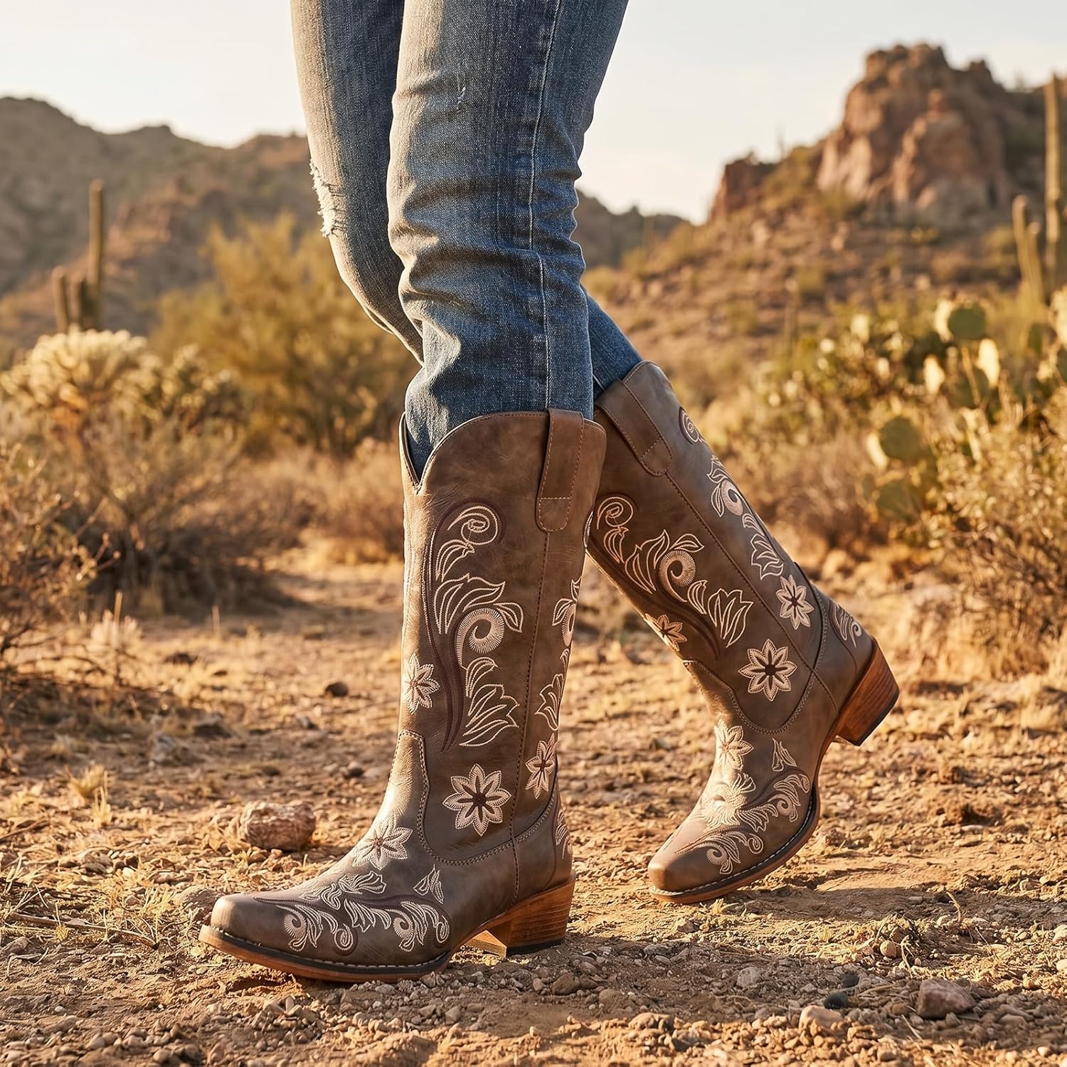 image:imageIUV Cowboy Boots For Women Mid Calf Cowgirl Boots Embroidered PullOn Tabs Snip Toe BootBrown