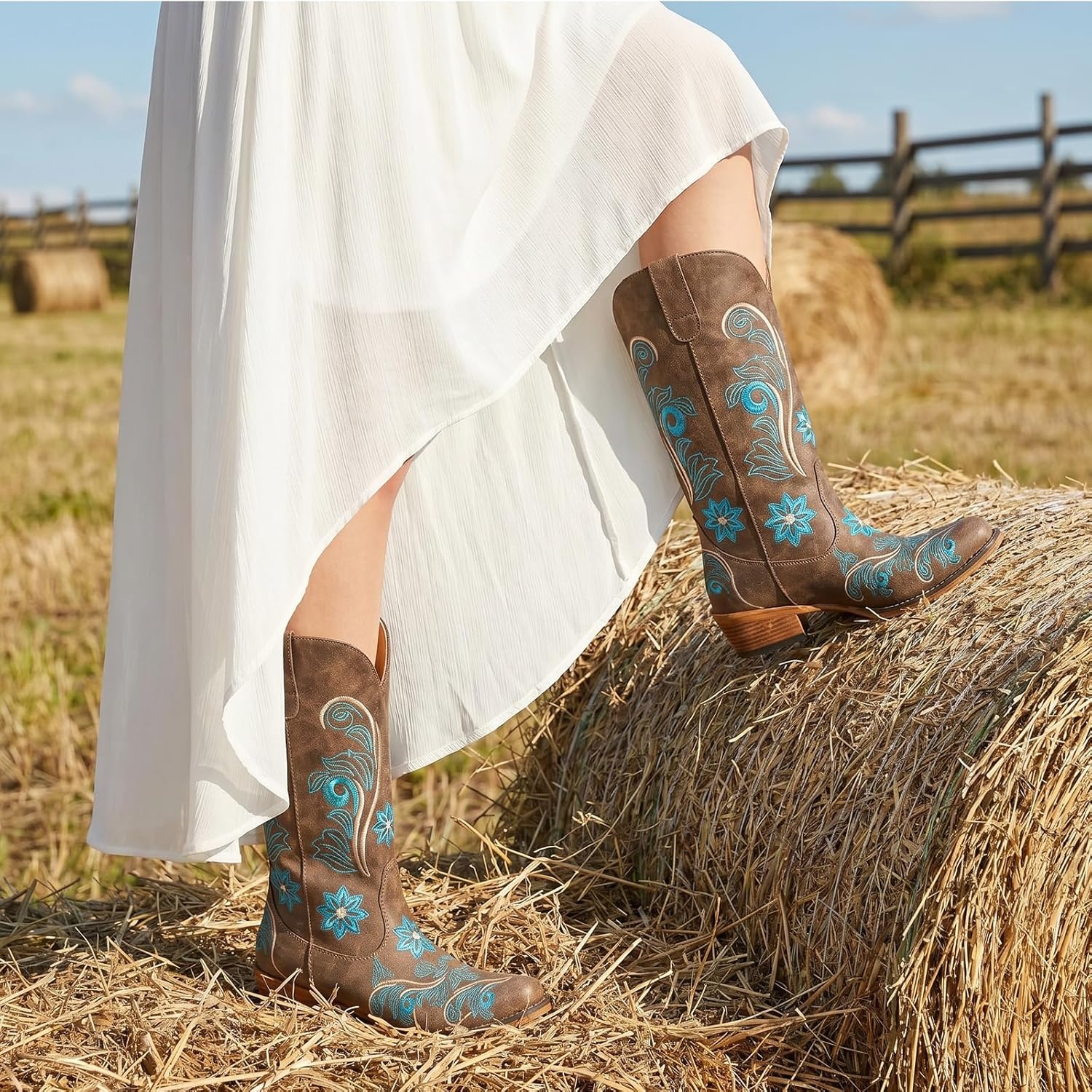 image:imageIUV Cowboy Boots For Women Mid Calf Cowgirl Boots Embroidered PullOn Tabs Snip Toe BootDark Brown