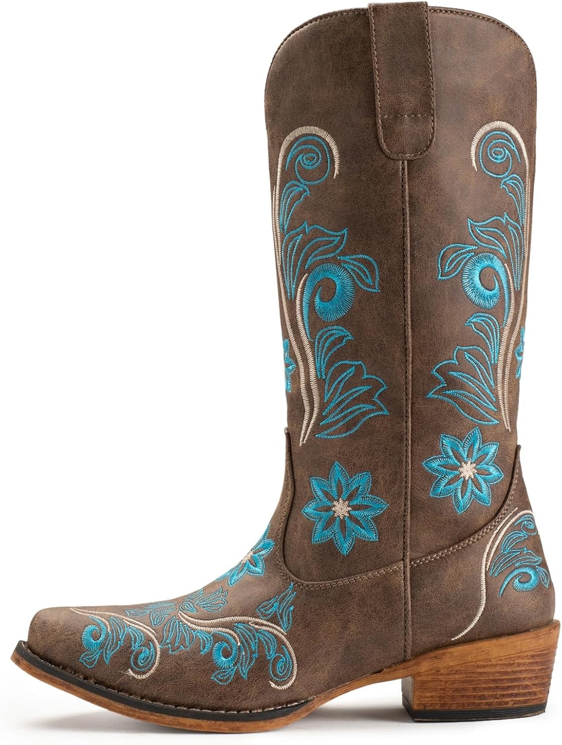 image:imageIUV Cowboy Boots For Women Mid Calf Cowgirl Boots Embroidered PullOn Tabs Snip Toe BootDark Brown