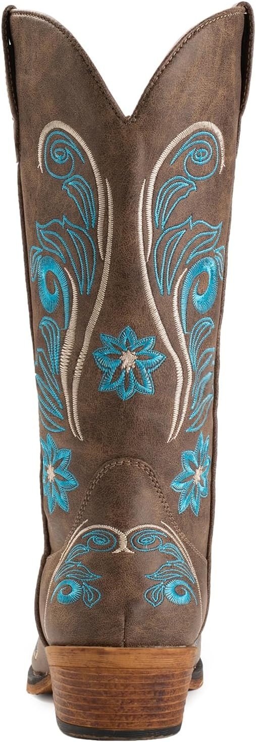 image:imageIUV Cowboy Boots For Women Mid Calf Cowgirl Boots Embroidered PullOn Tabs Snip Toe BootDark Brown