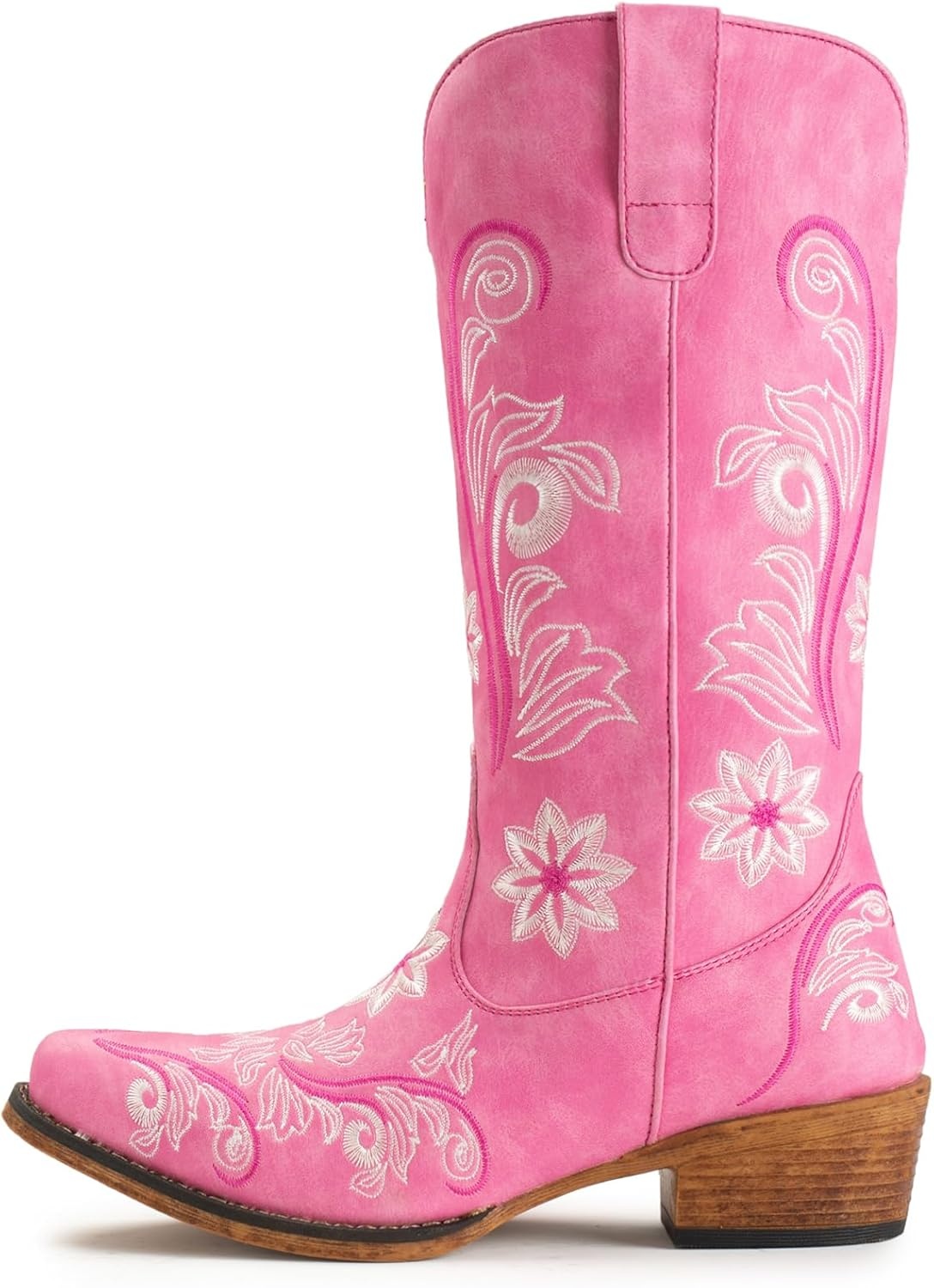 image:imageIUV Cowboy Boots For Women Mid Calf Cowgirl Boots Embroidered PullOn Tabs Snip Toe BootPink