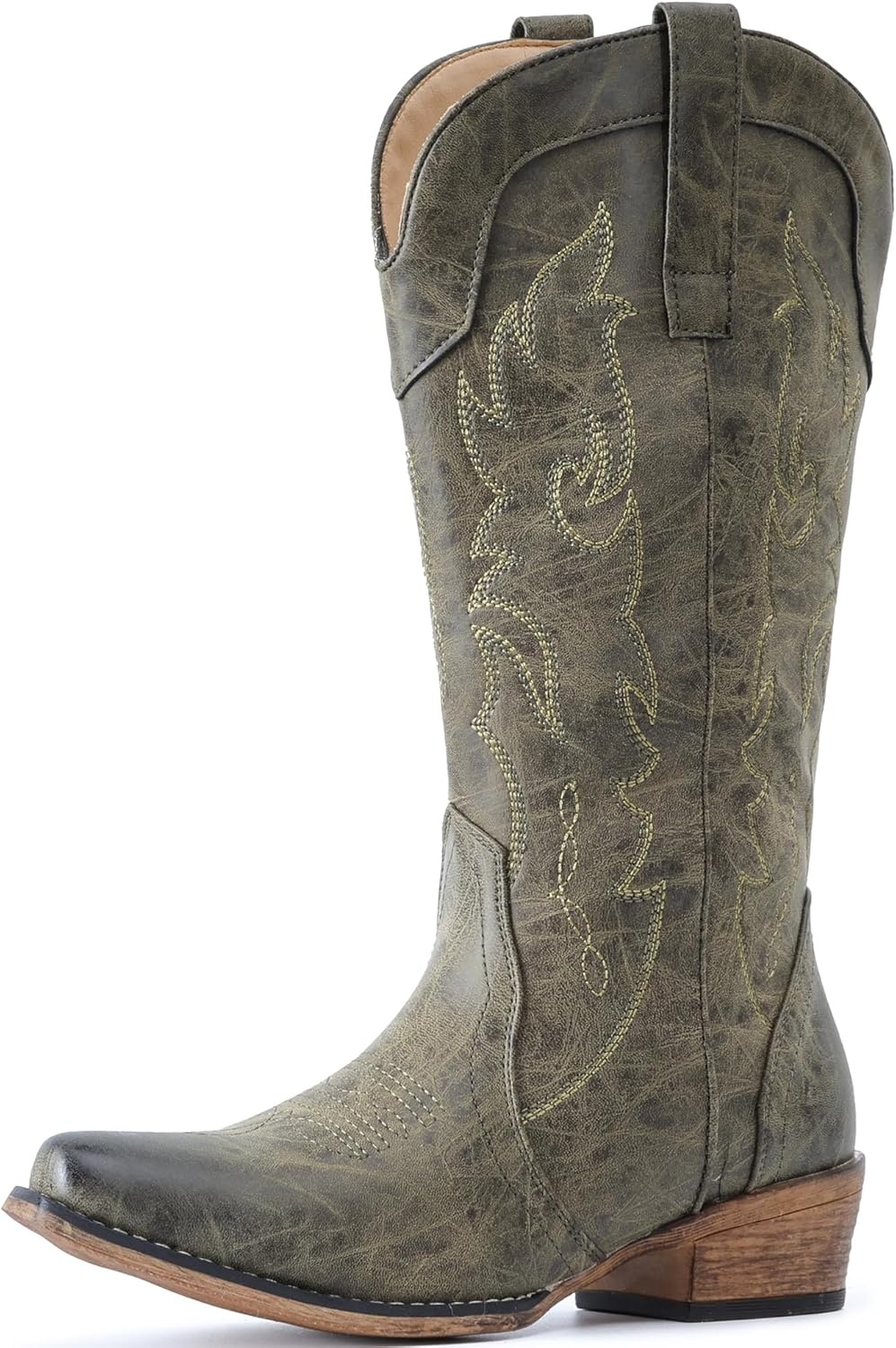 image:imageIUV Cowboy Boots for Women Mid Calf Fashion Cowgirl Boots with Embroidery Western Snip ToeOlive Green