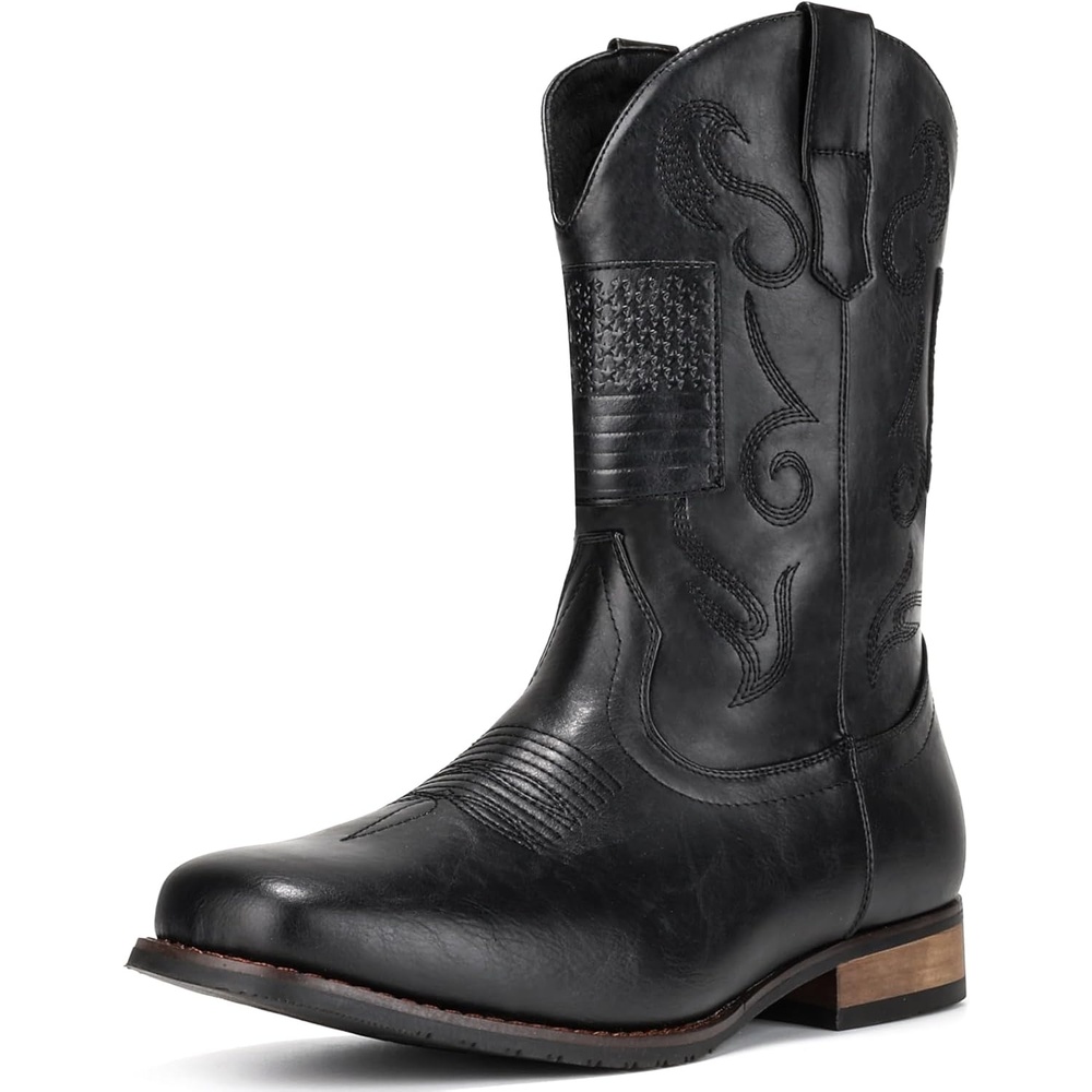image:imageIUV Cowboy Boots For Men Western Boot Classic American Flag Embroidered Square Toe MidCalf BootsBlack