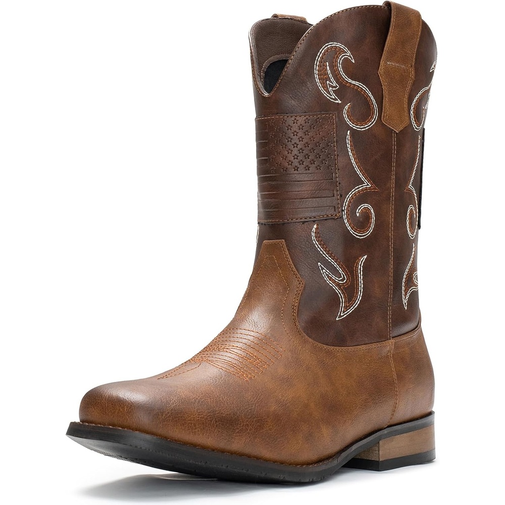 image:imageIUV Cowboy Boots For Men Western Boot Classic American Flag Embroidered Square Toe MidCalf BootsDark Brown