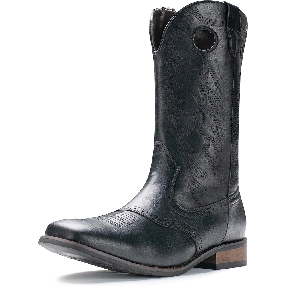 image:imageIUV Cowboy Boots For Men Western Boot Classic Embroidered Square Toe Pull On MidCalf Boots Round HoleBlack
