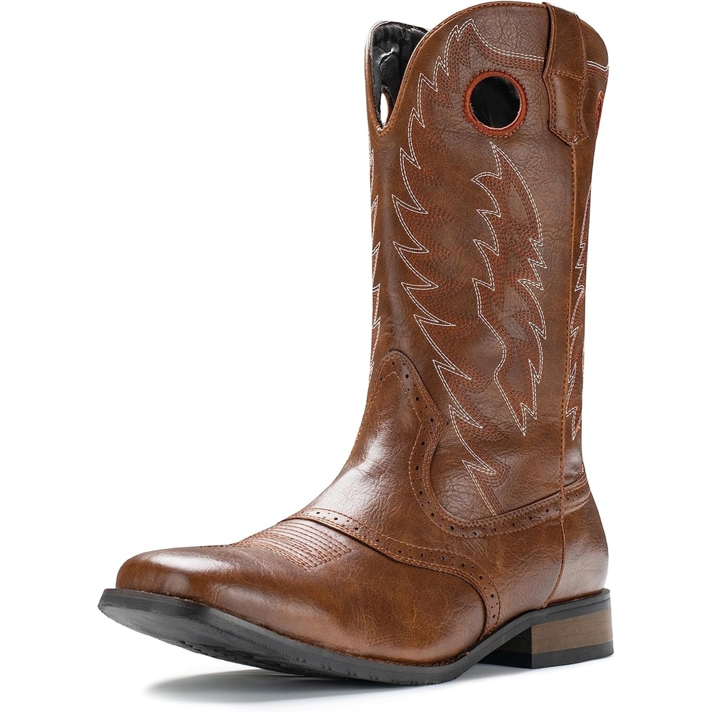 image:imageIUV Cowboy Boots For Men Western Boot Classic Embroidered Square Toe Pull On MidCalf Boots Round HoleBrown