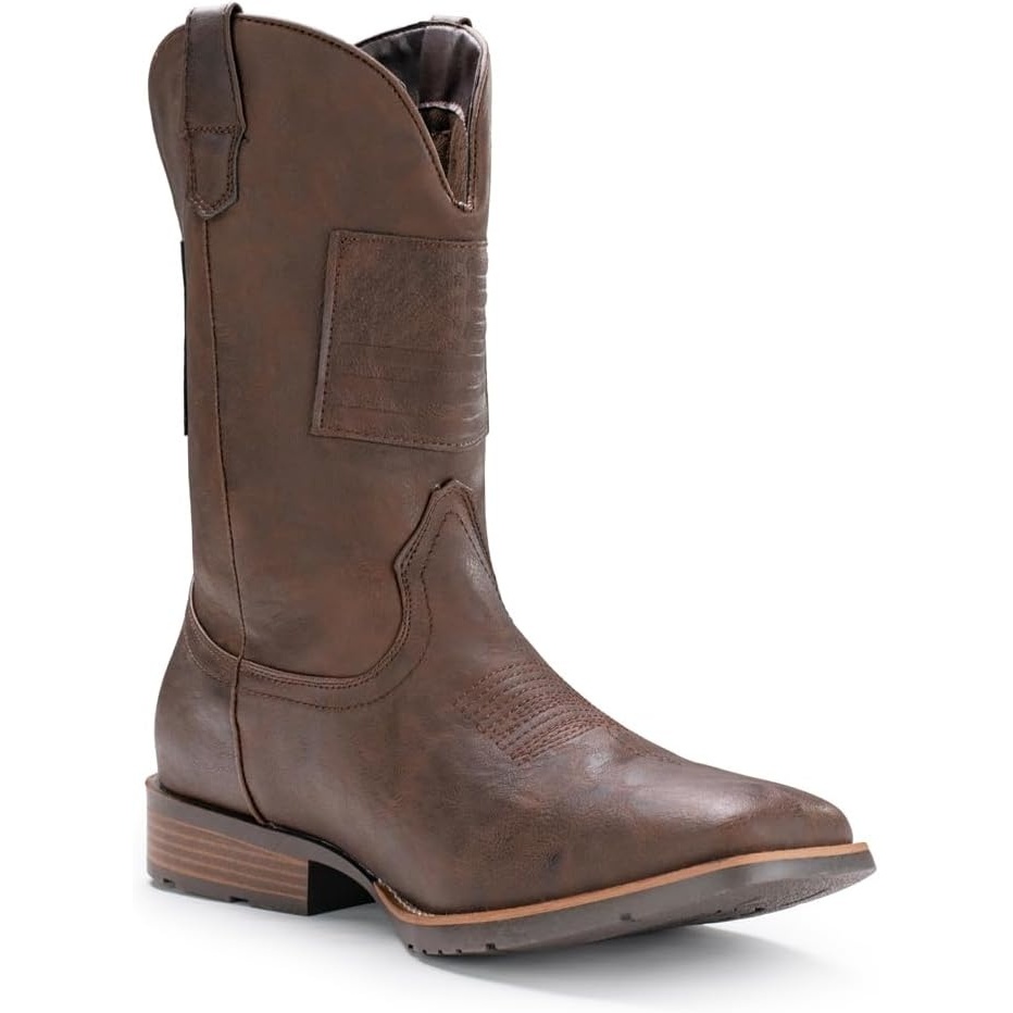 image:imageIUV Cowboy Boots For Men Wide Western Boot Traditional American Flag Retro Square Toe Country Work BootsDark Brown