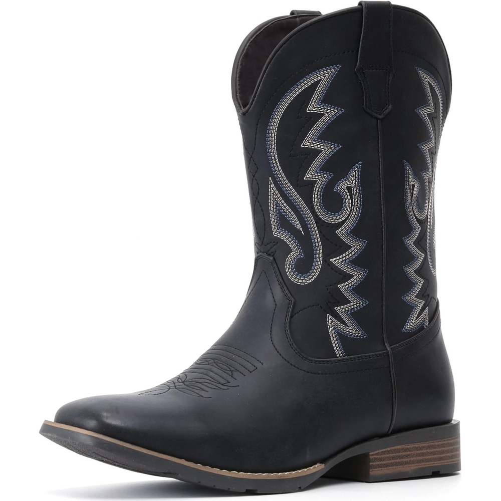 image:imageIUV Cowboy Boots For Men with Wide Square Toe Western Retro Boot Durable Classic Fashionable Embroidered Pull On Slip Resistant BootsMatte Black
