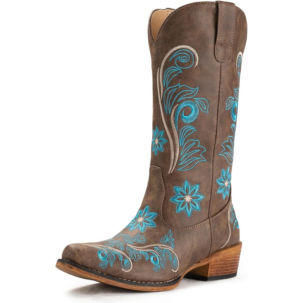 image:imageIUV Cowboy Boots For Women Mid Calf Cowgirl Boots Embroidered PullOn Tabs Snip Toe BootDark Brown