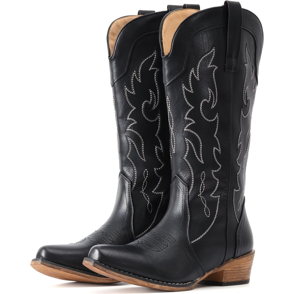 image:imageIUV Cowboy Boots for Women Mid Calf Fashion Cowgirl Boots with Embroidery Western Snip ToeBlack
