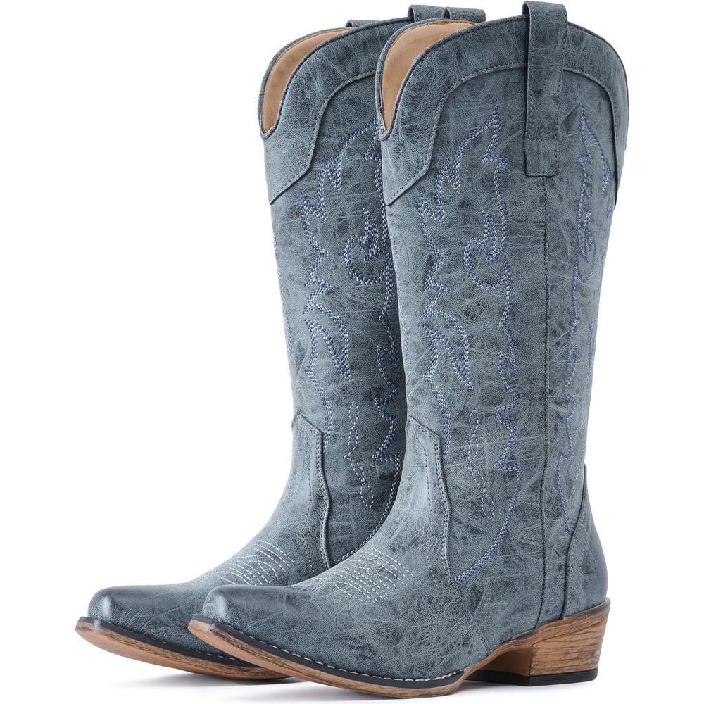 image:imageIUV Cowboy Boots for Women Mid Calf Fashion Cowgirl Boots with Embroidery Western Snip ToeBlue Haze