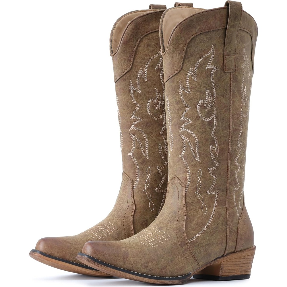 image:imageIUV Cowboy Boots for Women Mid Calf Fashion Cowgirl Boots with Embroidery Western Snip ToeBrown