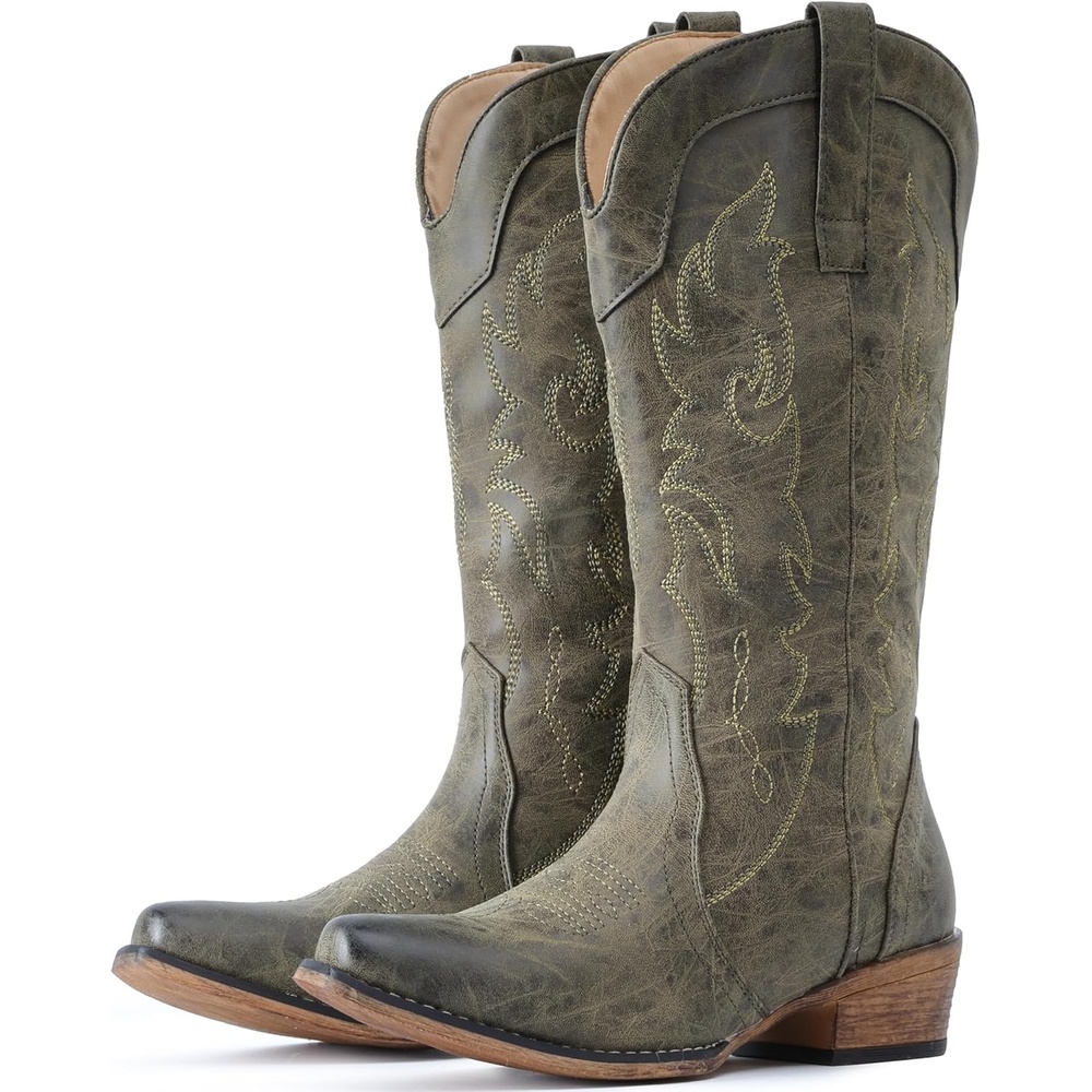 image:imageIUV Cowboy Boots for Women Mid Calf Fashion Cowgirl Boots with Embroidery Western Snip ToeOlive Green