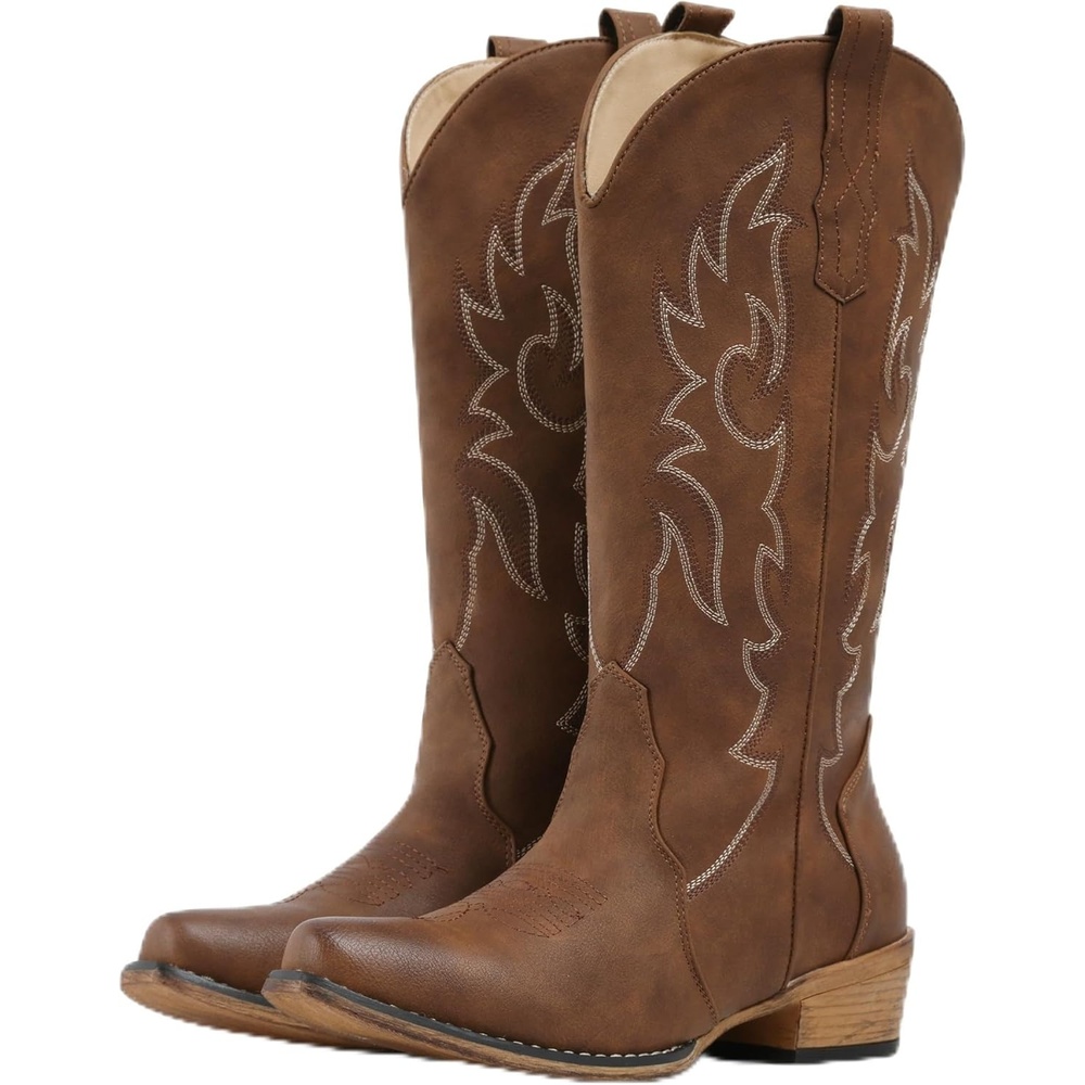 image:imageIUV Cowboy Boots for Women Mid Calf Fashion Cowgirl Boots with Embroidery Western Snip ToeRedBrown
