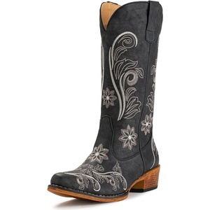 image:imageIUV Cowboy Boots For Women Mid Calf Cowgirl Boots Embroidered PullOn Tabs Snip Toe BootBlack