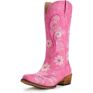 image:imageIUV Cowboy Boots For Women Mid Calf Cowgirl Boots Embroidered PullOn Tabs Snip Toe BootPink