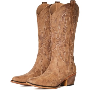 image:imageIUV Cowboy Boots for Women Western Cowgirl Boots Snip Toe Mid Calf Embroidered Chunky Heel Country Classic BootBrown