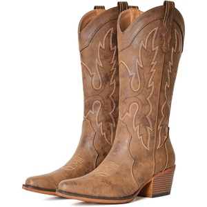image:imageIUV Cowboy Boots for Women Western Cowgirl Boots Snip Toe Mid Calf Embroidered Chunky Heel Country Classic BootDark Brown
