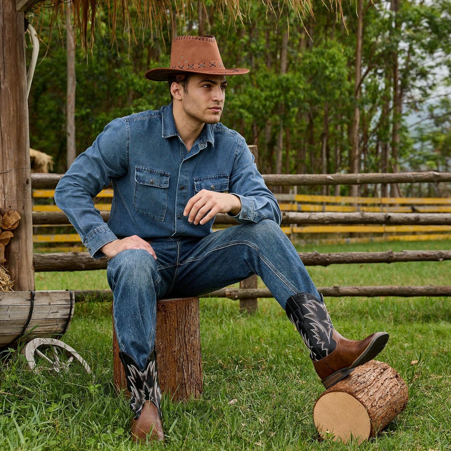 image:imageIUV Cowboy Boots For Men Western Ostrich Wide Durable Fashionable Embroidered Pull On Slip Resistant Assorted Colors BootsBlack Brown