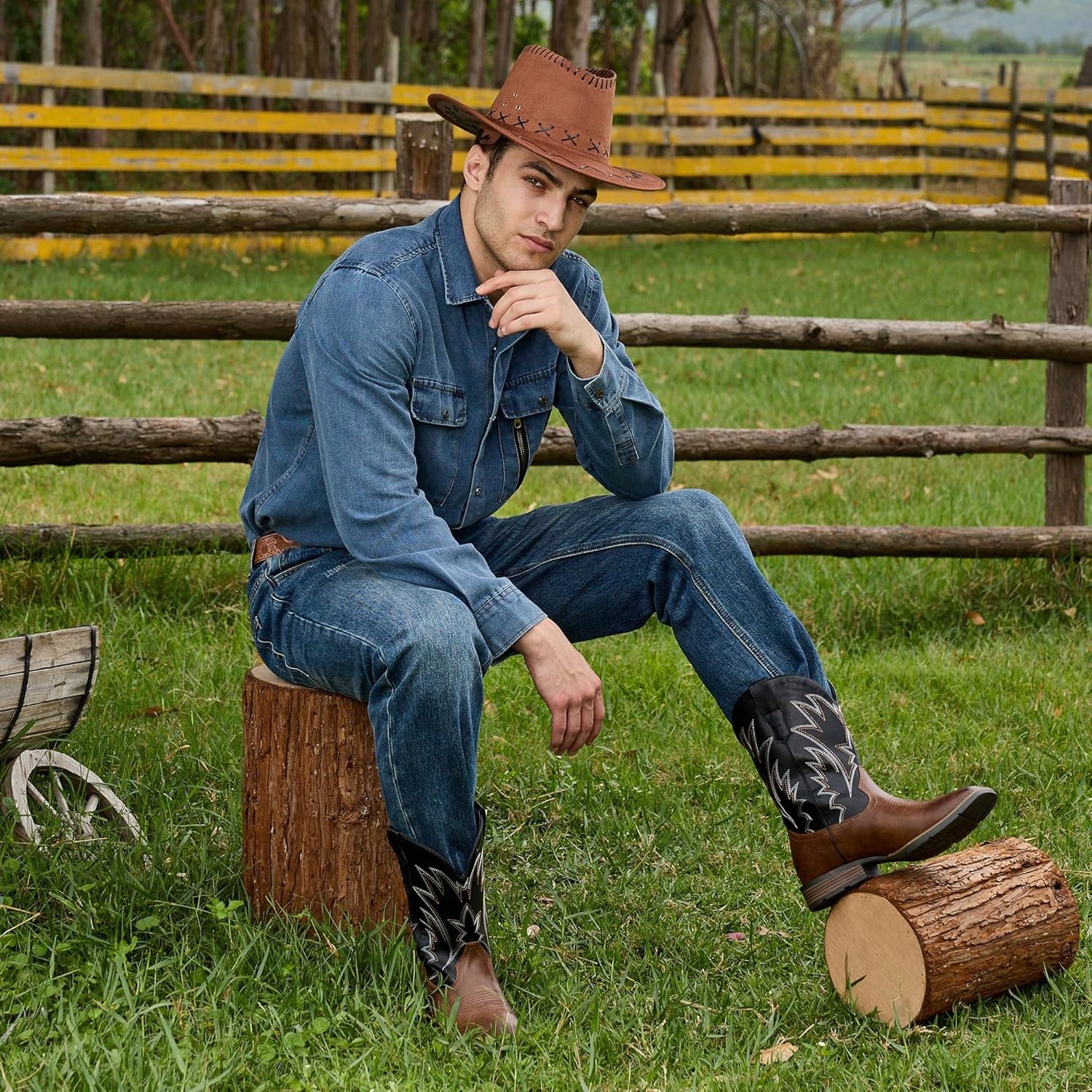 image:imageIUV Cowboy Boots For Men Western Ostrich Wide Durable Fashionable Embroidered Pull On Slip Resistant Assorted Colors BootsBlack Brown