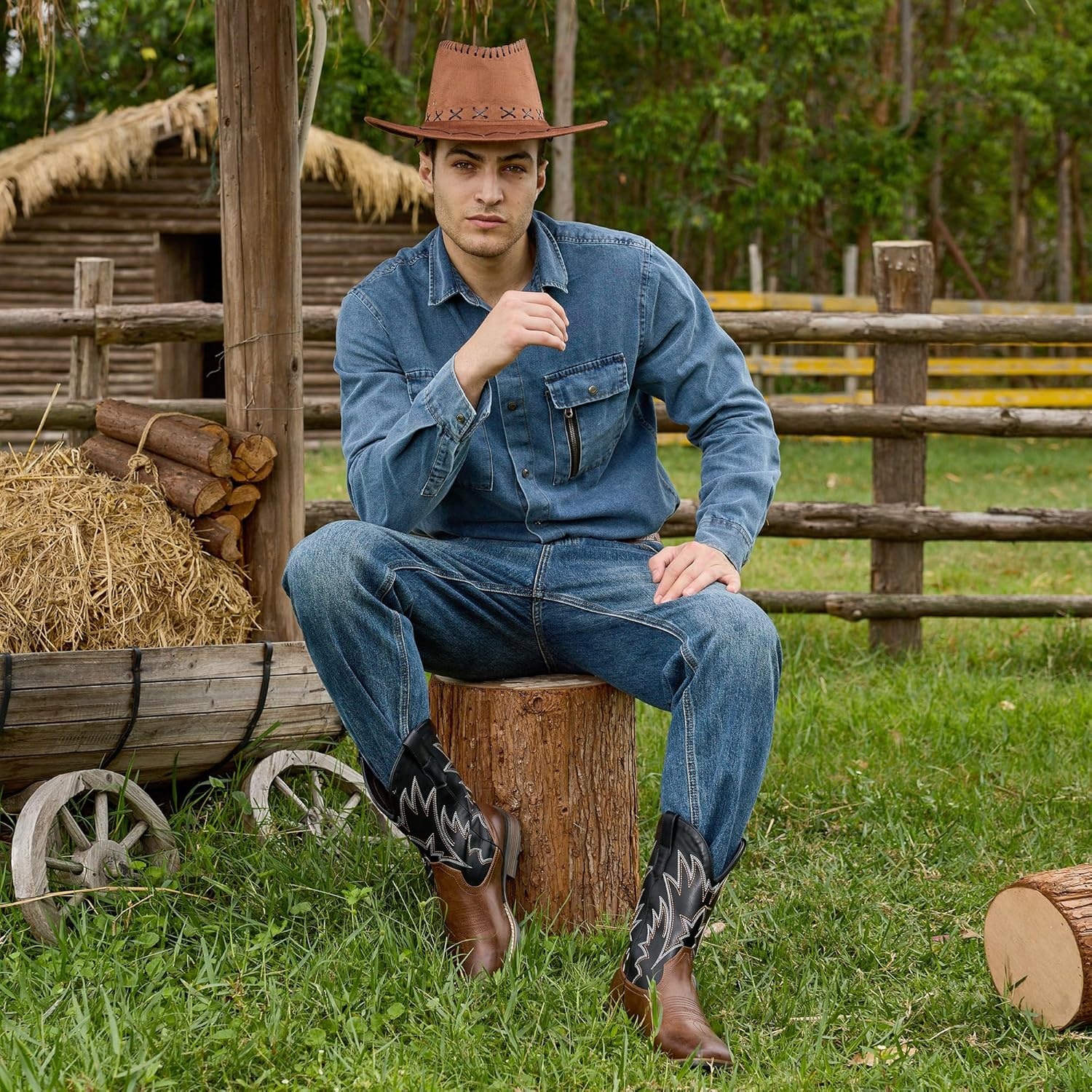 image:imageIUV Cowboy Boots For Men Western Ostrich Wide Durable Fashionable Embroidered Pull On Slip Resistant Assorted Colors BootsBlack Brown