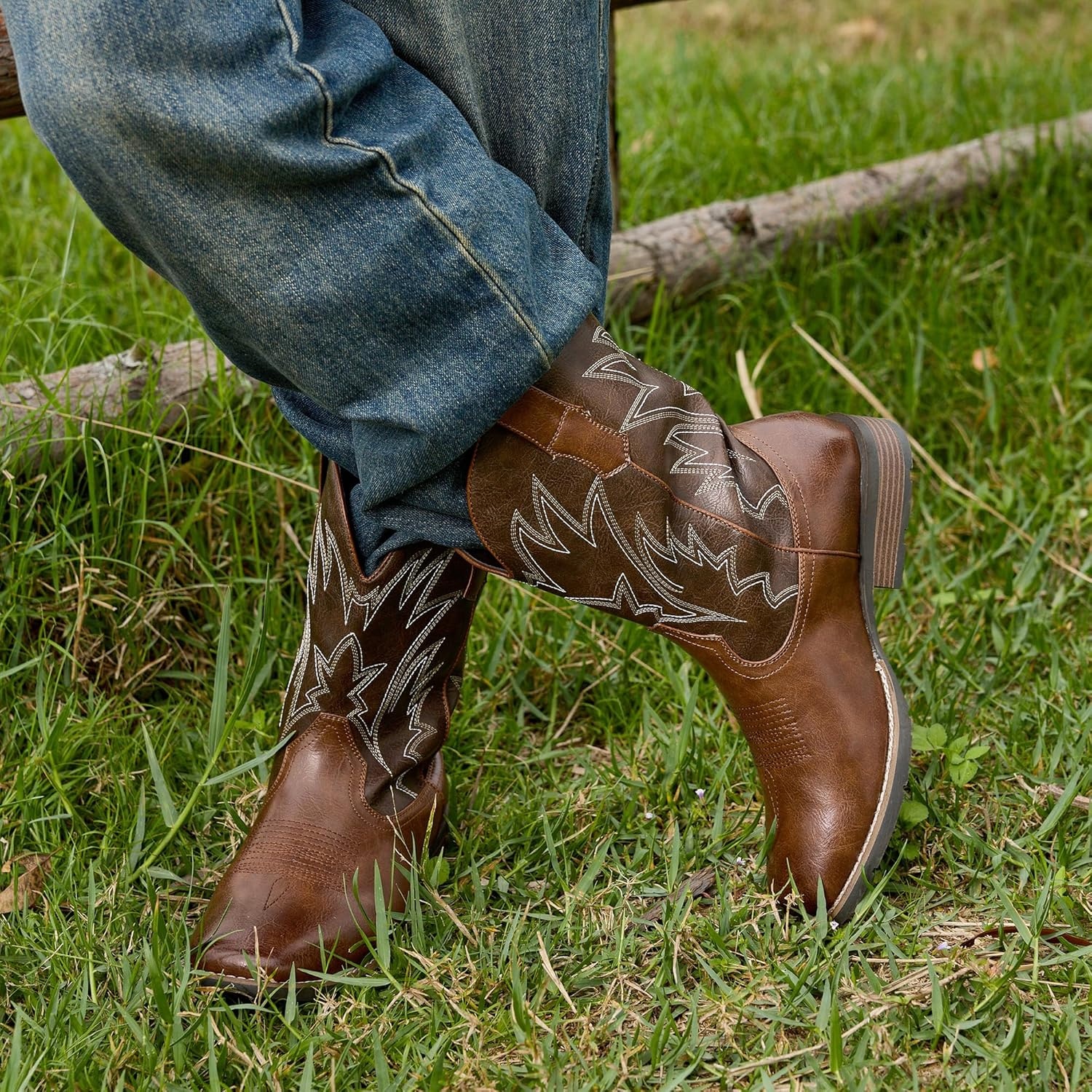 image:imageIUV Cowboy Boots For Men Western Ostrich Wide Durable Fashionable Embroidered Pull On Slip Resistant Assorted Colors BootsDark Brown