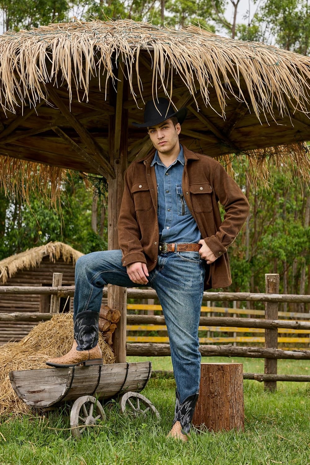 image:imageIUV Cowboy Boots For Men Western Ostrich Wide Durable Fashionable Embroidered Pull On Slip Resistant Assorted Colors BootsOstrich Black Yellow