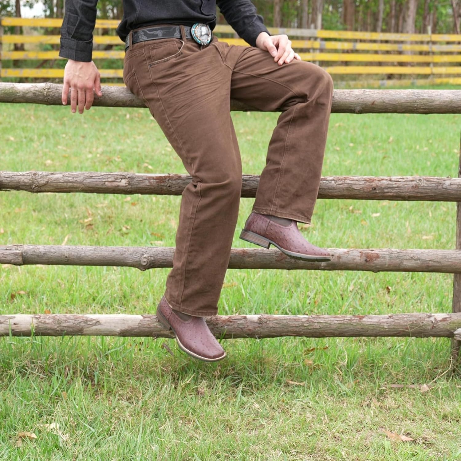 image:imageIUV Cowboy Boots For Men Western Ostrich Wide Durable Fashionable Embroidered Pull On Slip Resistant Assorted Colors BootsOstrich Coffee