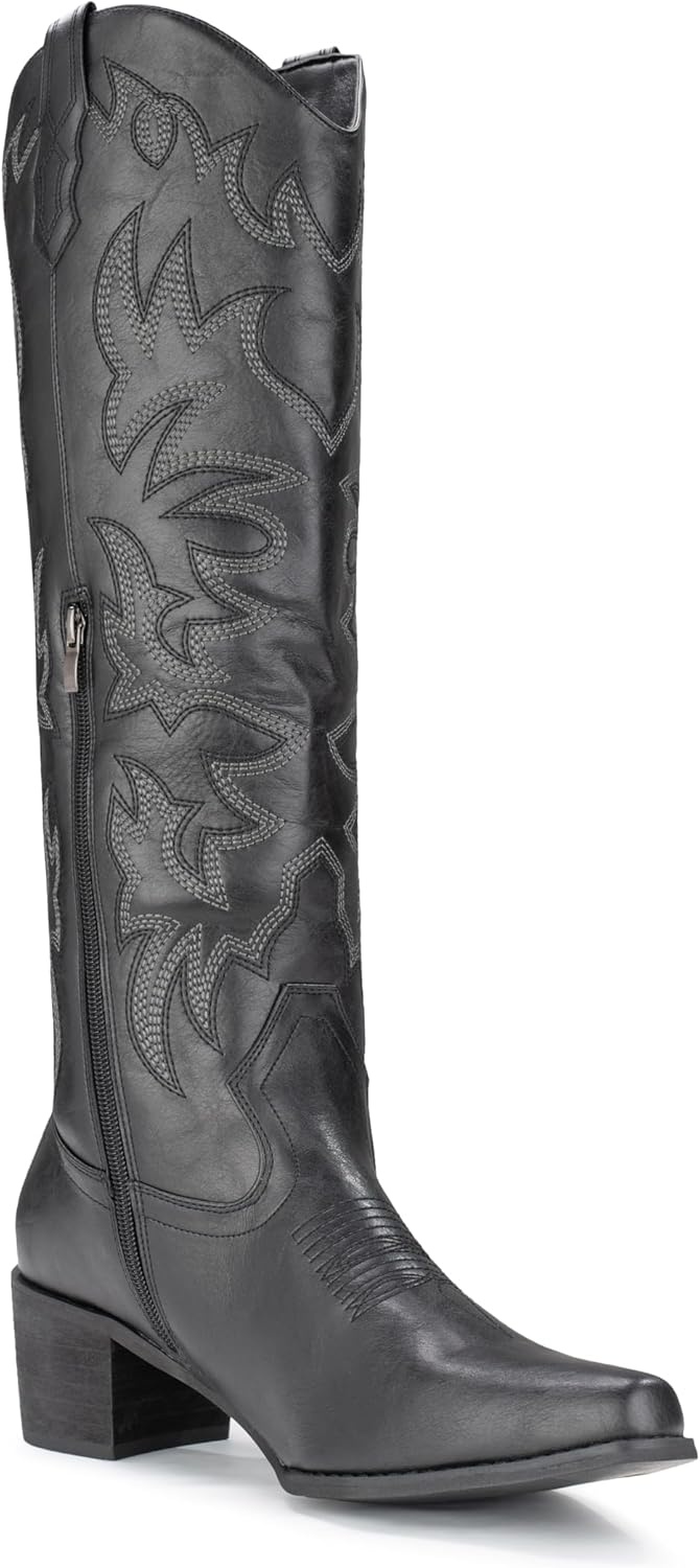 image:imageIUV Cowboy Boots For Women Knee High Western Cowgirl Boots Snip Toe Side Zipper Chunky HeelBlack