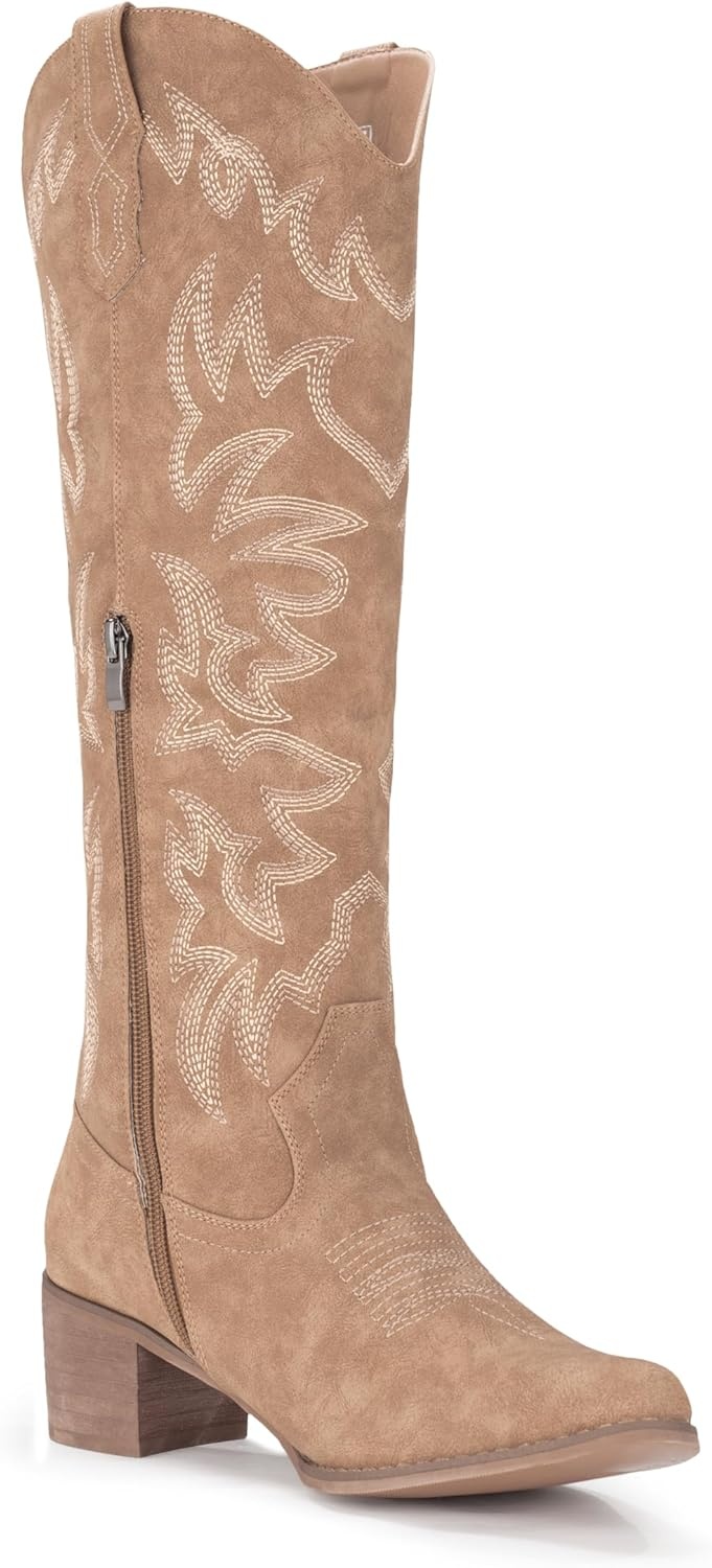 image:imageIUV Cowboy Boots For Women Knee High Western Cowgirl Boots Snip Toe Side Zipper Chunky HeelCamel
