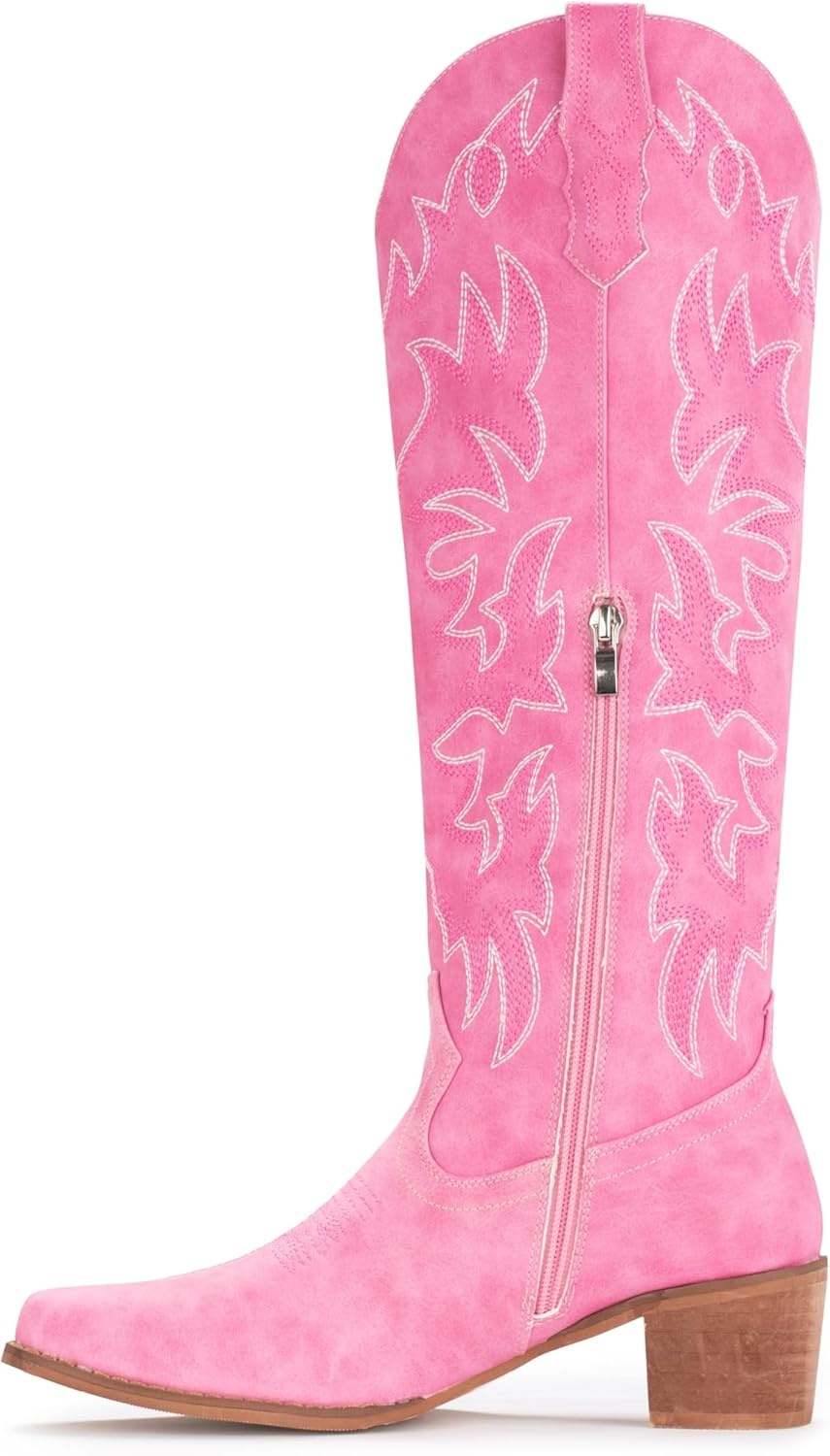 image:imageIUV Cowboy Boots For Women Knee High Western Cowgirl Boots Snip Toe Side Zipper Chunky HeelPink