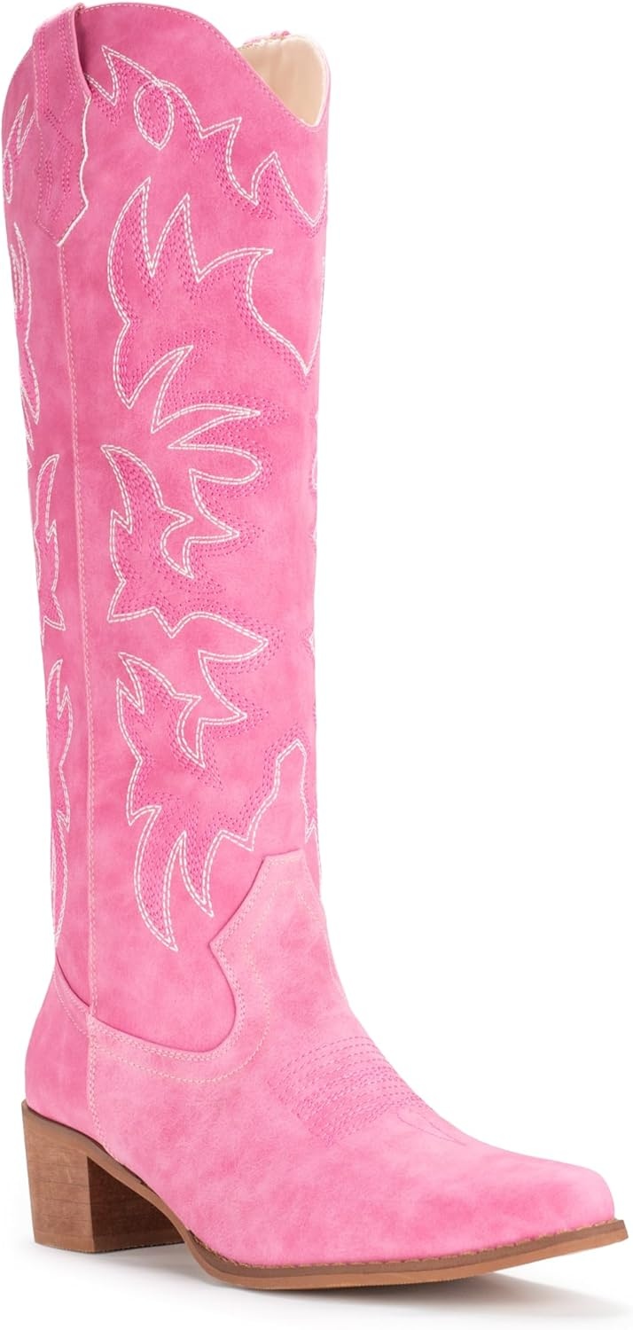 image:imageIUV Cowboy Boots For Women Knee High Western Cowgirl Boots Snip Toe Side Zipper Chunky HeelPink