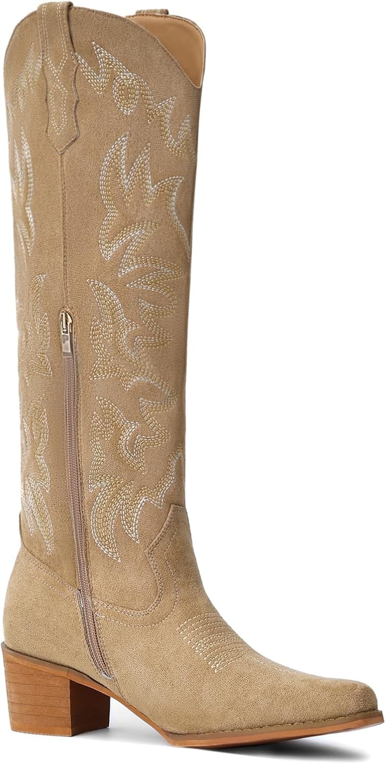 image:imageIUV Cowboy Boots For Women Knee High Western Cowgirl Boots Snip Toe Side Zipper Chunky HeelSuede Apricot