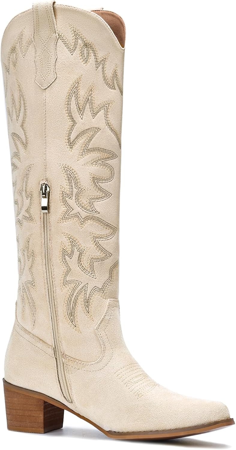image:imageIUV Cowboy Boots For Women Knee High Western Cowgirl Boots Snip Toe Side Zipper Chunky HeelSuede Beige