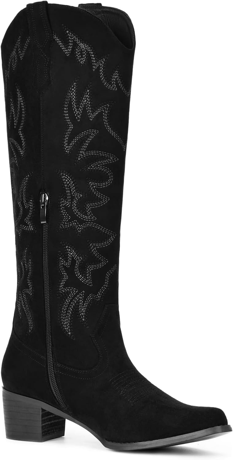 image:imageIUV Cowboy Boots For Women Knee High Western Cowgirl Boots Snip Toe Side Zipper Chunky HeelSuede Black