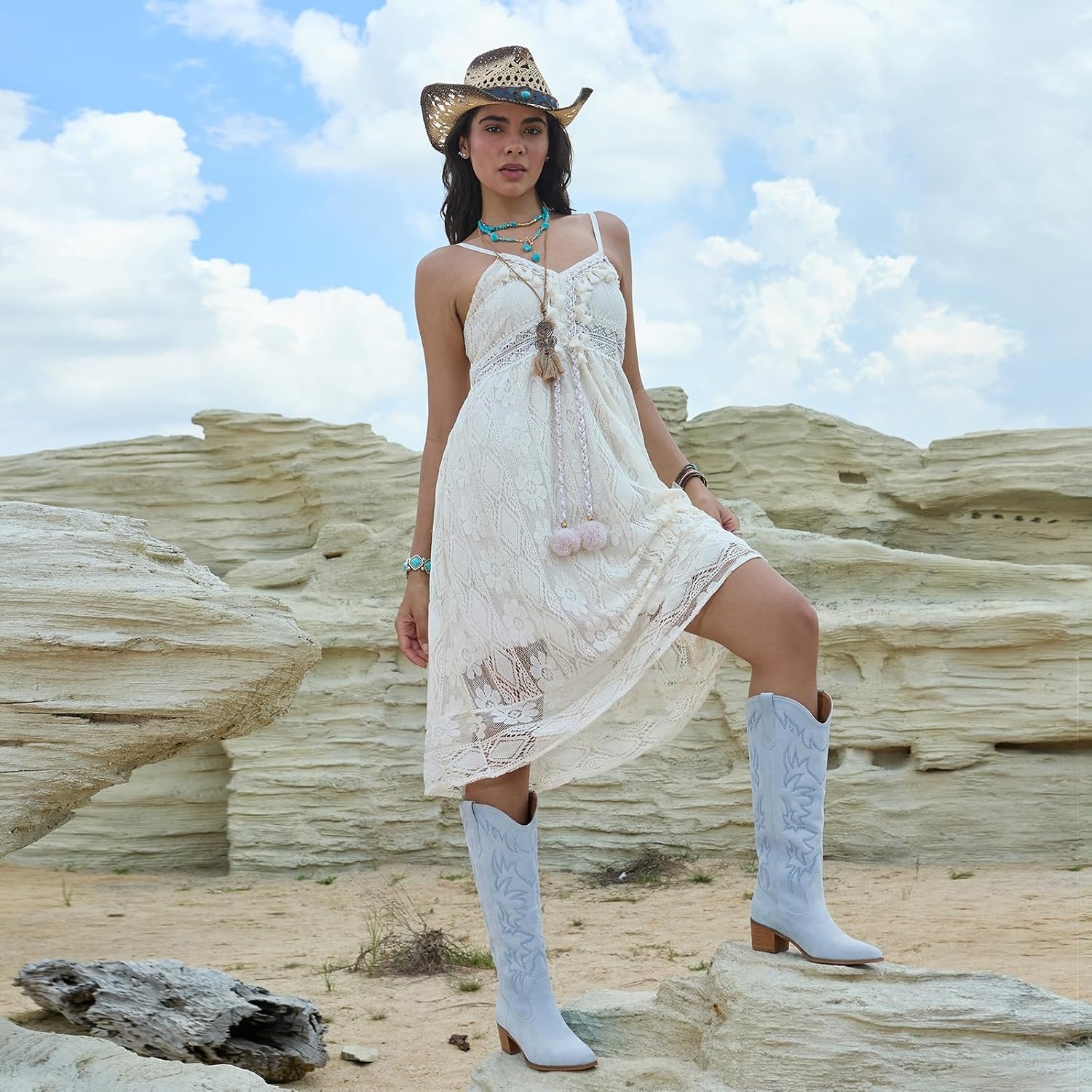 image:imageIUV Cowboy Boots For Women Knee High Western Cowgirl Boots Snip Toe Side Zipper Chunky HeelSuede Blue