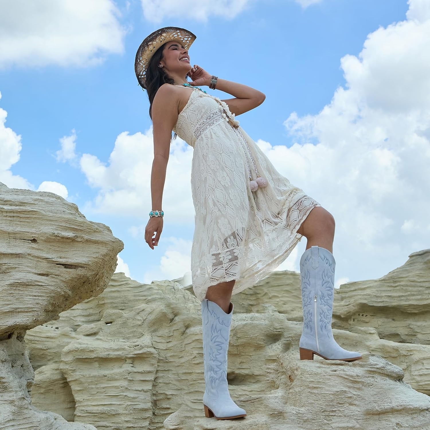 image:imageIUV Cowboy Boots For Women Knee High Western Cowgirl Boots Snip Toe Side Zipper Chunky HeelSuede Blue