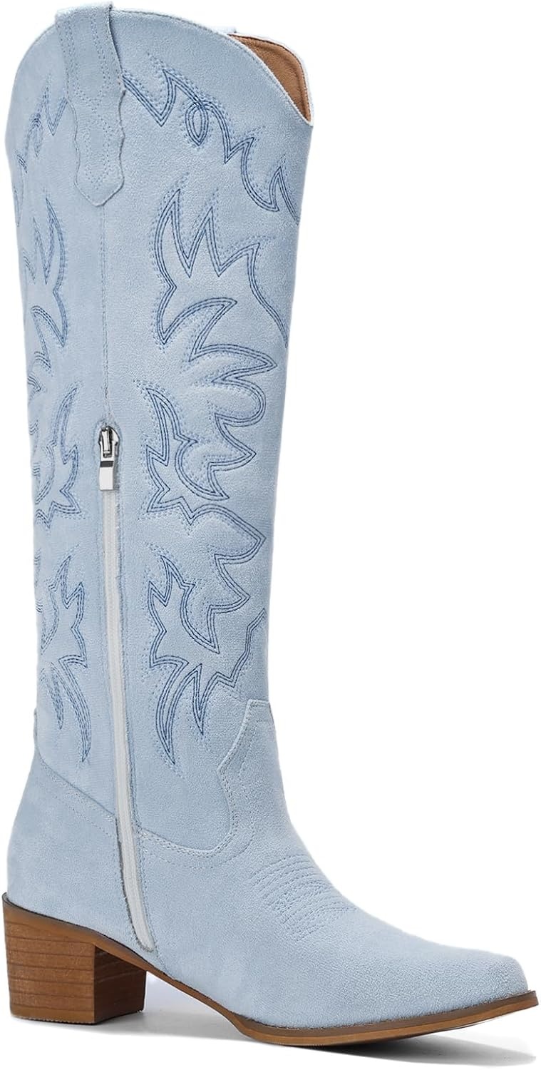 image:imageIUV Cowboy Boots For Women Knee High Western Cowgirl Boots Snip Toe Side Zipper Chunky HeelSuede Blue